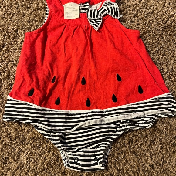 First Impression Set of 2 Dress Rompers Light Blue Striped Watermelon Size 12m - Picture 2 of 10